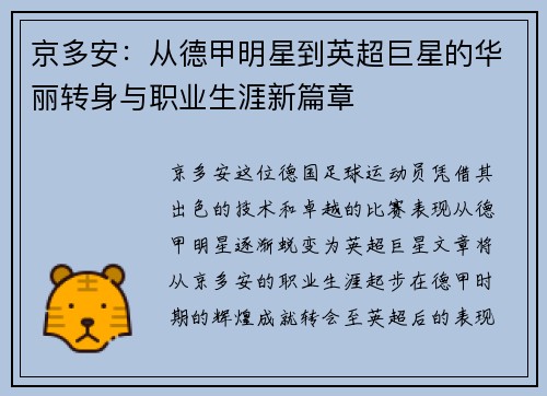 京多安：从德甲明星到英超巨星的华丽转身与职业生涯新篇章